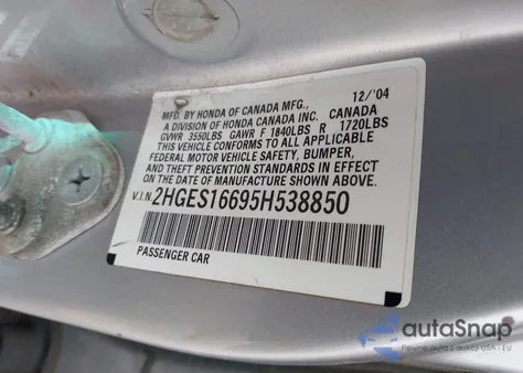 2005 Honda Civic Lx z USA, uszkodzony, nr VIN 2HGES16695H538850